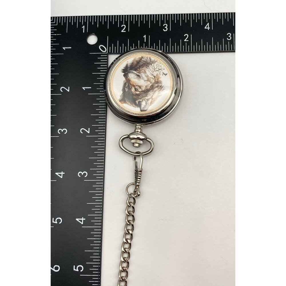 Westminster Quartz Wolf Pocket Watch Full Hunter - New Battery - Chain and Clip - Picture 10 of 11